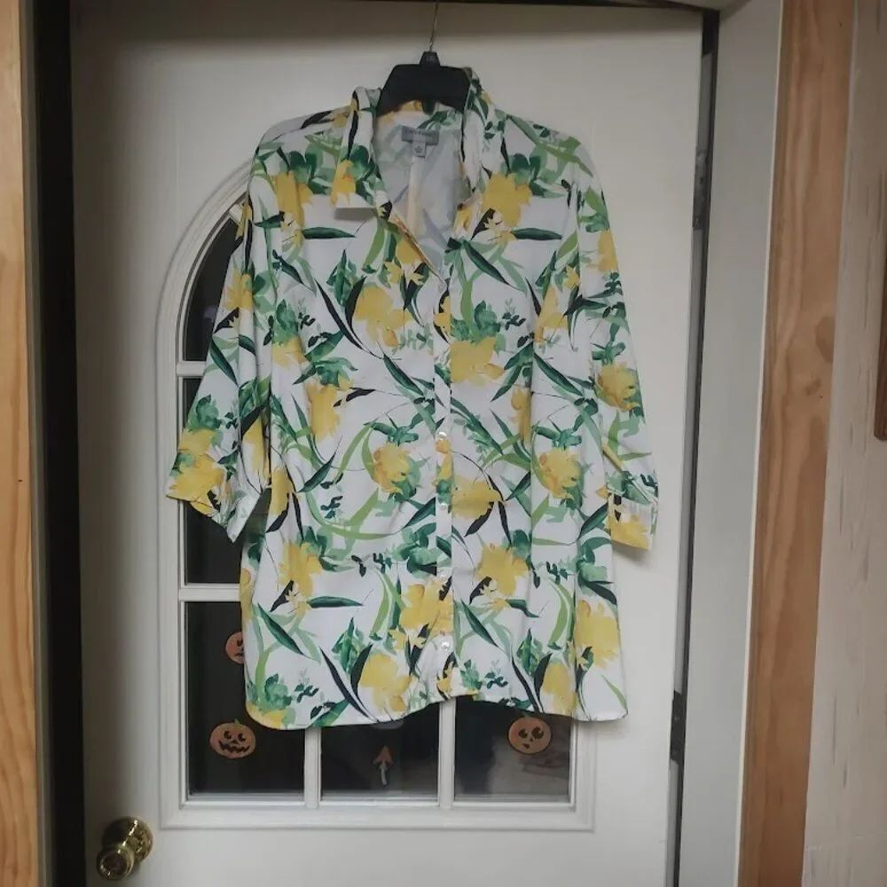 Catherines White Yellow Flowered 3/4 Sleeve Button Down Shirt Women's 1X